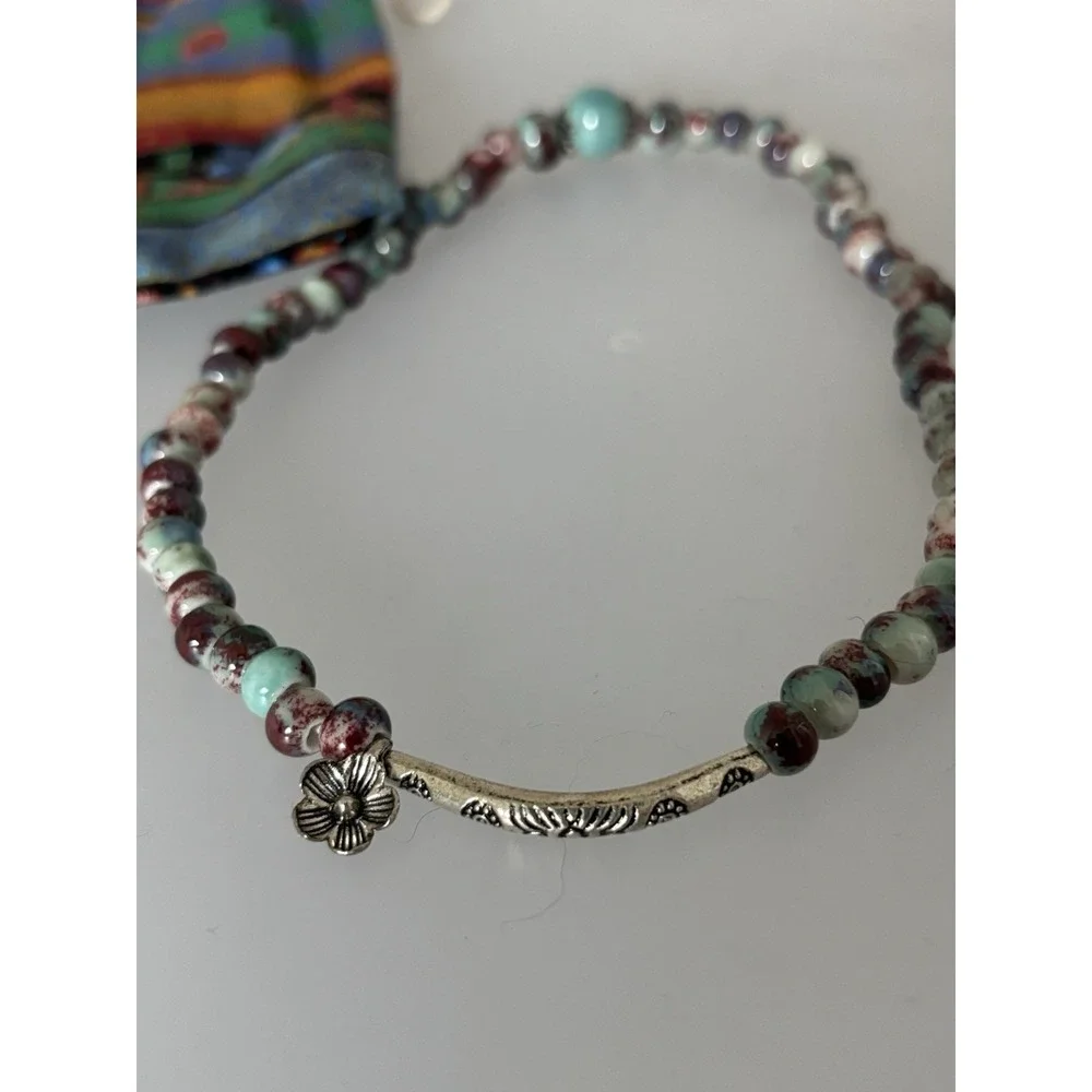 Boho Double Wrap Beaded Bracelet With Silver Bar And Flower Charm